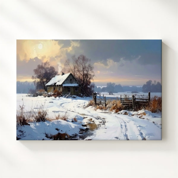 Winter Homestead Canvas – Snowy Cottage with Golden Light & Frosty Landscape - Gifitto