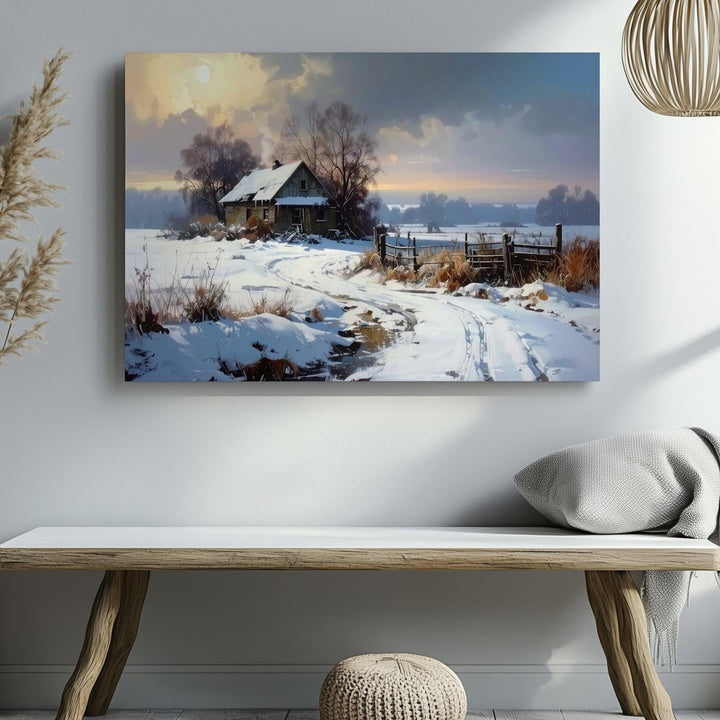 Winter Homestead Canvas – Snowy Cottage with Golden Light & Frosty Landscape - Gifitto