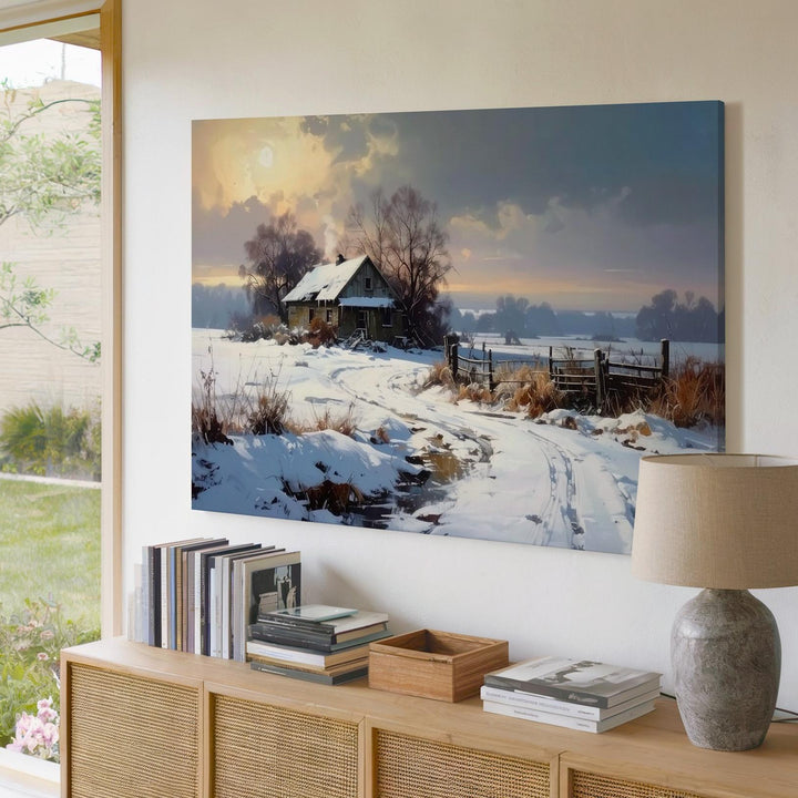 Winter Homestead Canvas – Snowy Cottage with Golden Light & Frosty Landscape - Gifitto