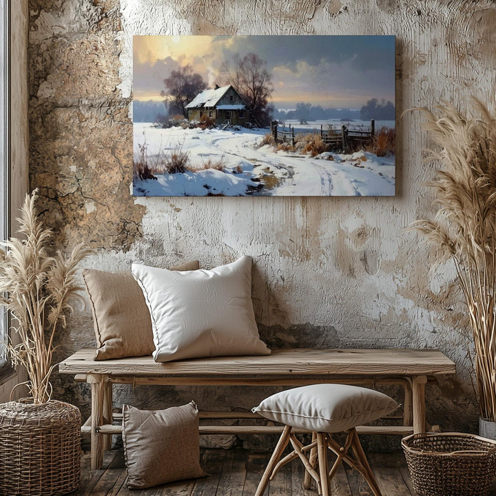 Winter Homestead Canvas – Snowy Cottage with Golden Light & Frosty Landscape - Gifitto