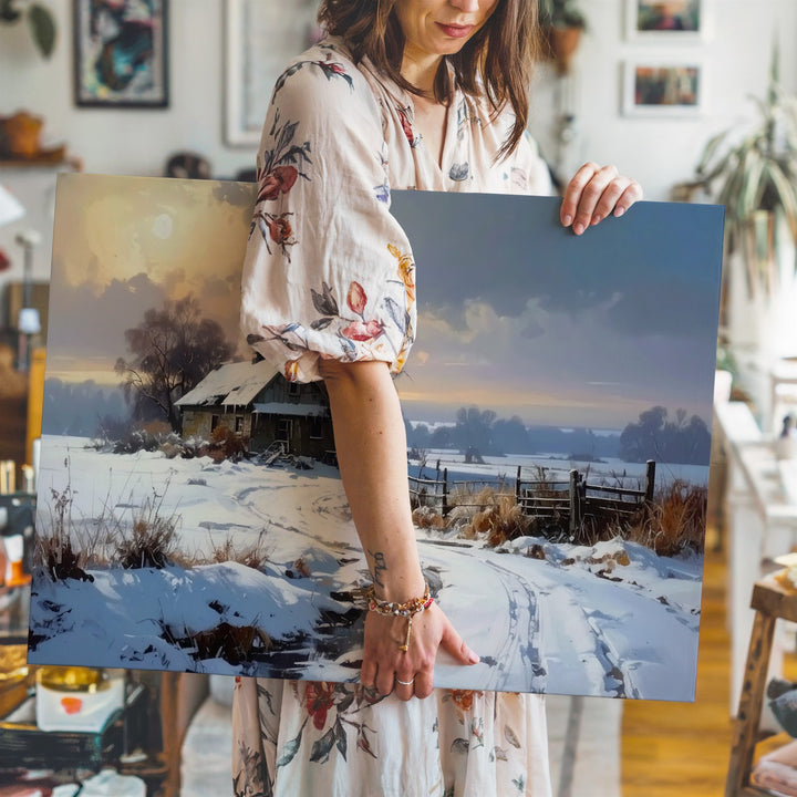 Winter Homestead Canvas – Snowy Cottage with Golden Light & Frosty Landscape - Gifitto