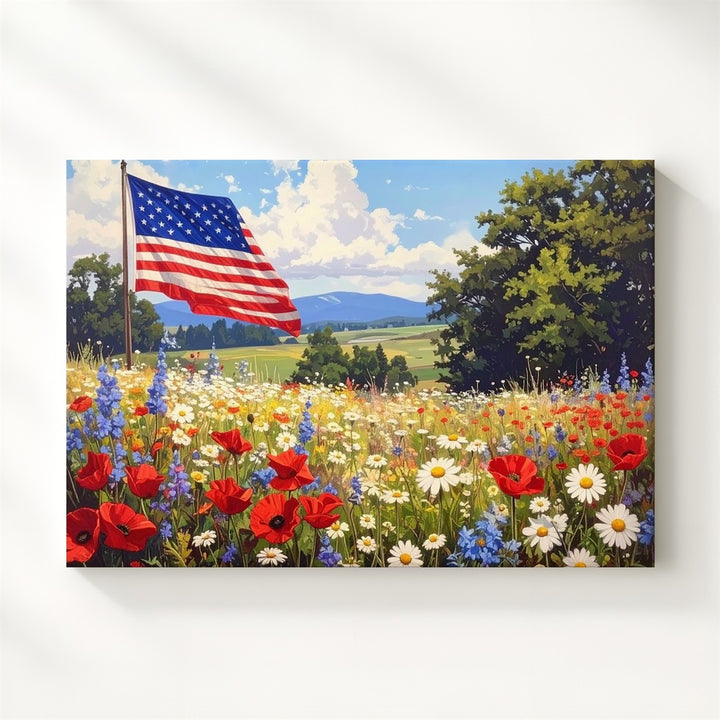 Rustic Flag & Wildflowers Canvas – Vintage Patriotic Nature Wall Art - Gifitto
