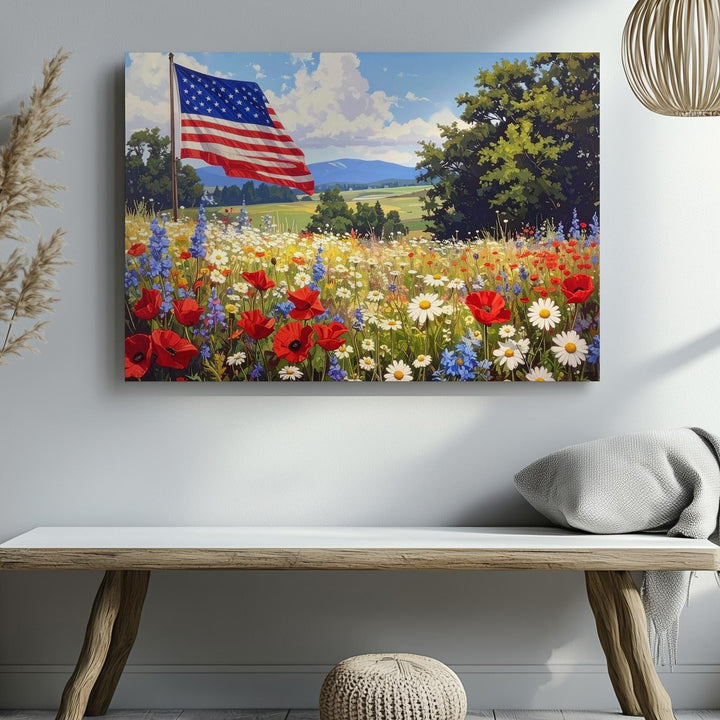 Rustic Flag & Wildflowers Canvas – Vintage Patriotic Nature Wall Art - Gifitto