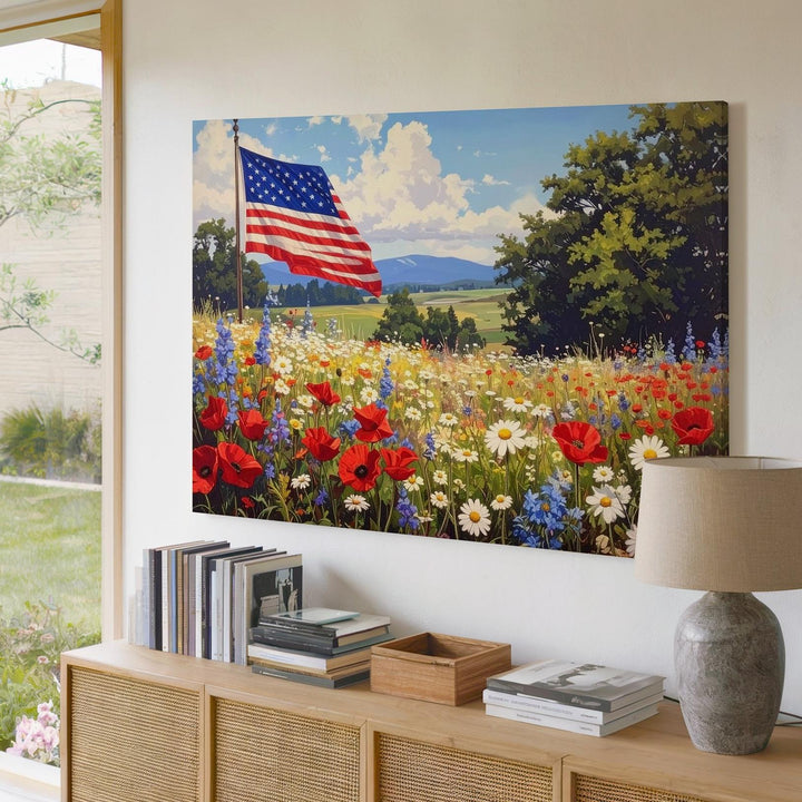 Rustic Flag & Wildflowers Canvas – Vintage Patriotic Nature Wall Art - Gifitto