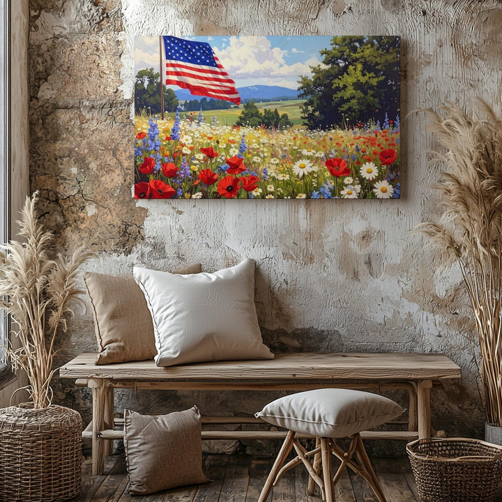 Rustic Flag & Wildflowers Canvas – Vintage Patriotic Nature Wall Art - Gifitto
