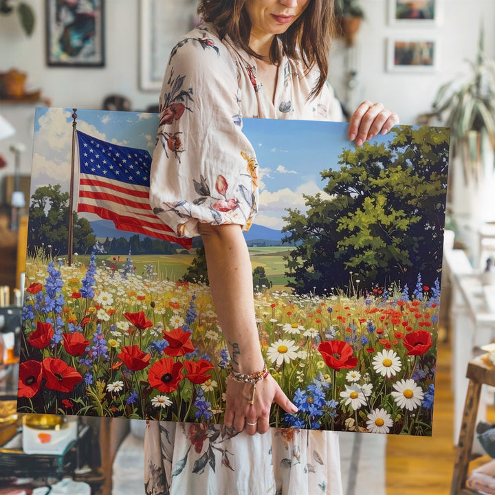 Rustic Flag & Wildflowers Canvas – Vintage Patriotic Nature Wall Art - Gifitto