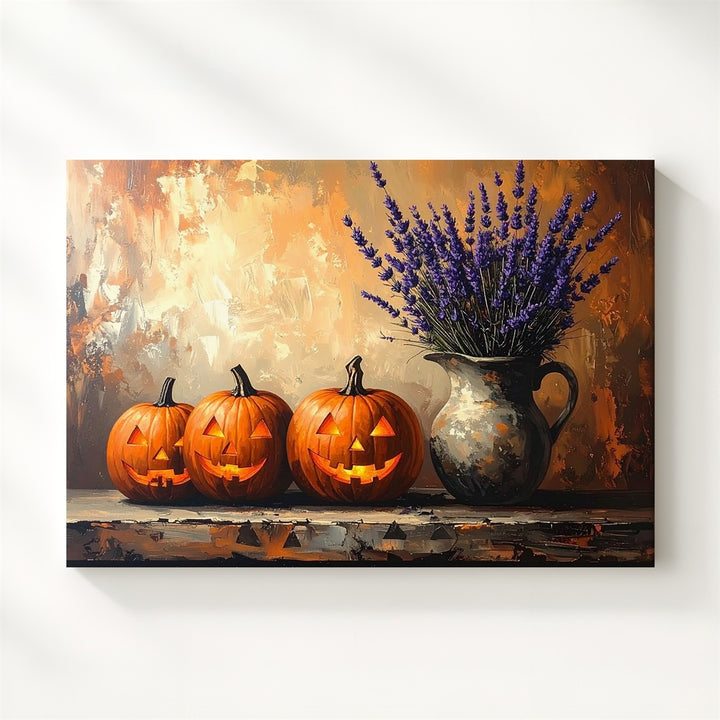 Rustic Jack-o'-Lantern Canvas – Cozy Halloween Still Life with Lavender - Gifitto