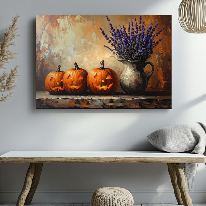 Rustic Jack-o'-Lantern Canvas – Cozy Halloween Still Life with Lavender - Gifitto