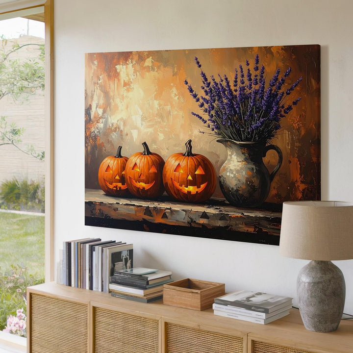 Rustic Jack-o'-Lantern Canvas – Cozy Halloween Still Life with Lavender - Gifitto