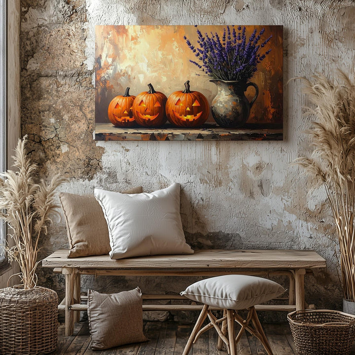 Rustic Jack-o'-Lantern Canvas – Cozy Halloween Still Life with Lavender - Gifitto