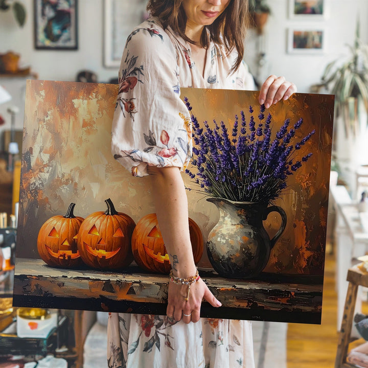 Rustic Jack-o'-Lantern Canvas – Cozy Halloween Still Life with Lavender - Gifitto