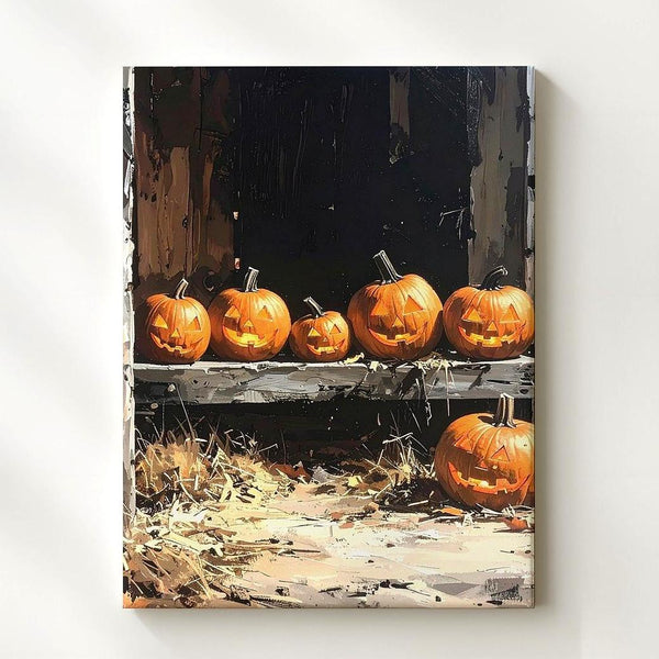 Rustic Barn Jack-o'-Lantern Canvas – Warm Halloween Glow & Wooden Interior Art - Gifitto