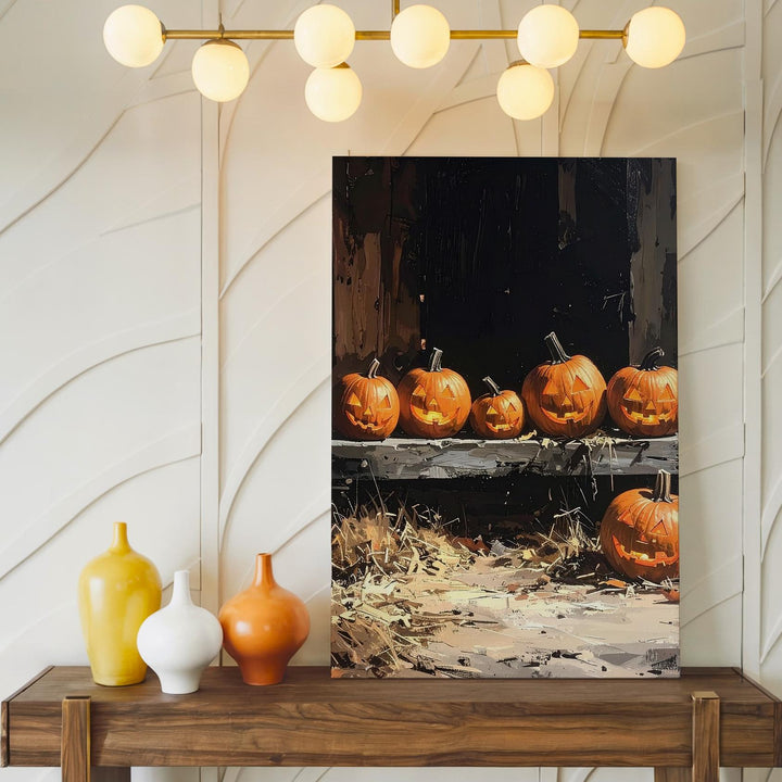 Rustic Barn Jack-o'-Lantern Canvas – Warm Halloween Glow & Wooden Interior Art - Gifitto