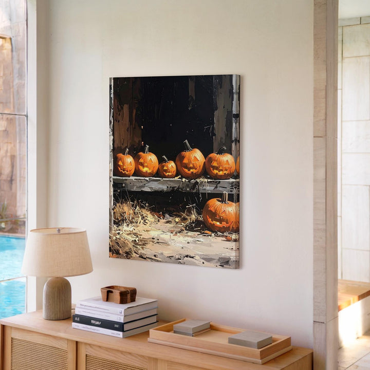 Rustic Barn Jack-o'-Lantern Canvas – Warm Halloween Glow & Wooden Interior Art - Gifitto