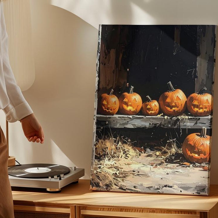 Rustic Barn Jack-o'-Lantern Canvas – Warm Halloween Glow & Wooden Interior Art - Gifitto