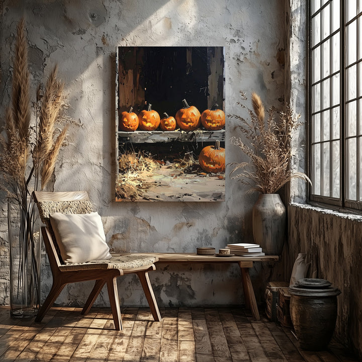 Rustic Barn Jack-o'-Lantern Canvas – Warm Halloween Glow & Wooden Interior Art - Gifitto