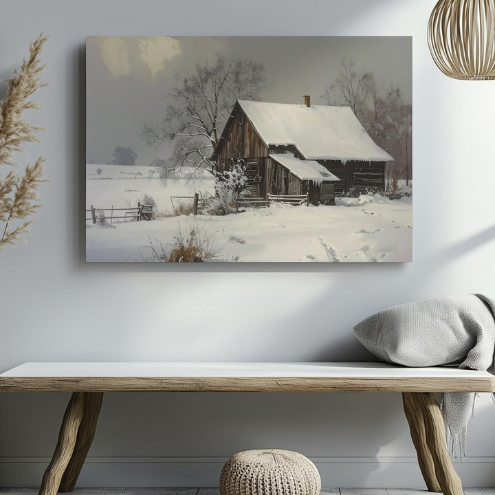 Snowbound Barn Canvas – Rustic Winter Solitude Wall Art - Gifitto
