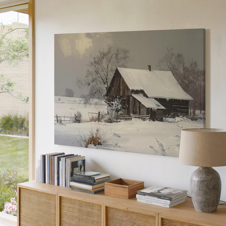 Snowbound Barn Canvas – Rustic Winter Solitude Wall Art - Gifitto