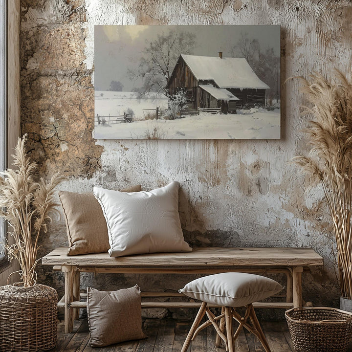 Snowbound Barn Canvas – Rustic Winter Solitude Wall Art - Gifitto