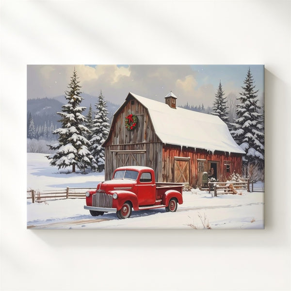 Rustic Winter Barn Canvas – Snowy Roof & Vintage Red Pickup Scene - Gifitto