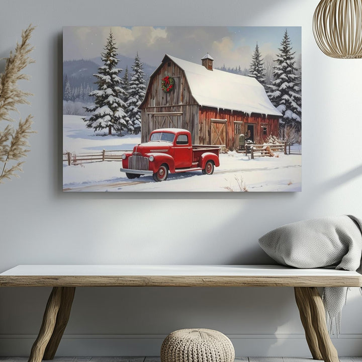 Rustic Winter Barn Canvas – Snowy Roof & Vintage Red Pickup Scene - Gifitto