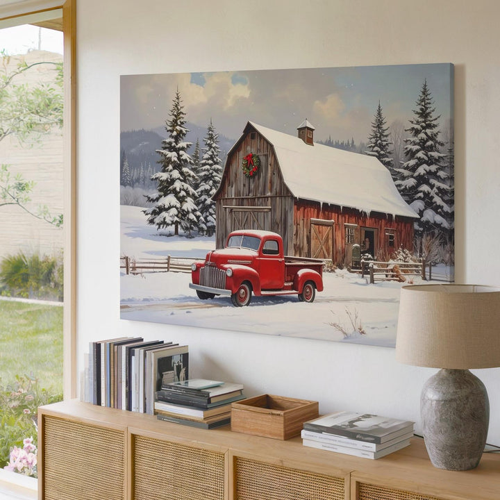 Rustic Winter Barn Canvas – Snowy Roof & Vintage Red Pickup Scene - Gifitto