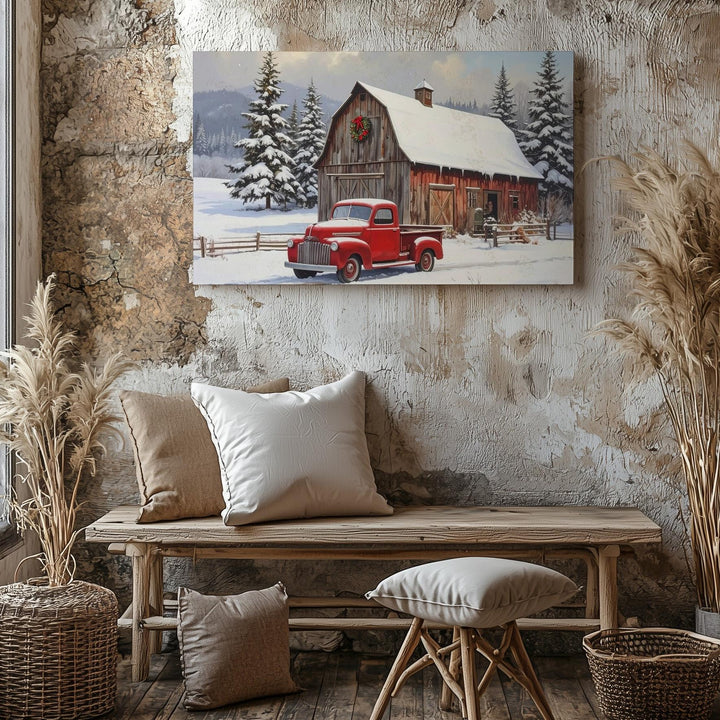 Rustic Winter Barn Canvas – Snowy Roof & Vintage Red Pickup Scene - Gifitto