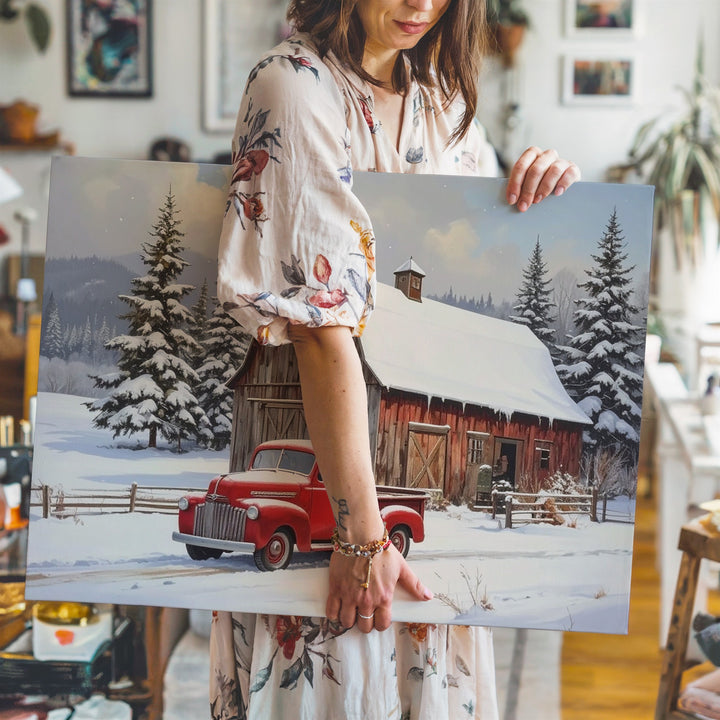 Rustic Winter Barn Canvas – Snowy Roof & Vintage Red Pickup Scene - Gifitto