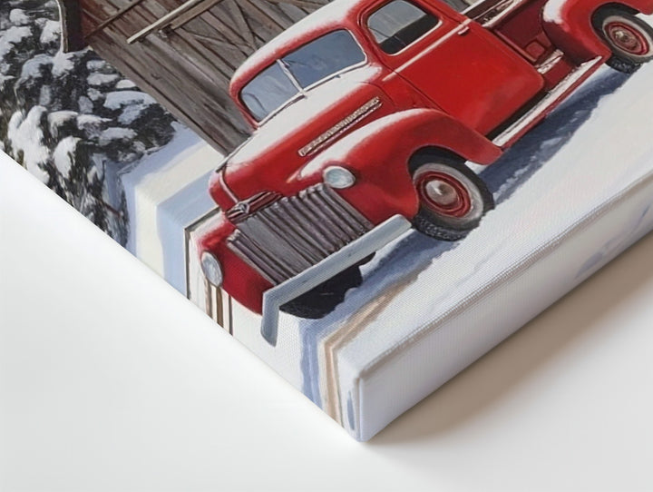 Rustic Winter Barn Canvas – Snowy Roof & Vintage Red Pickup Scene - Gifitto