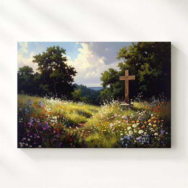 Rustic Cross in Wildflower Field Canvas – Nature-Inspired Faith Wall Art - Gifitto