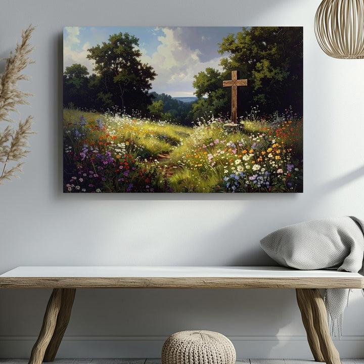 Rustic Cross in Wildflower Field Canvas – Nature-Inspired Faith Wall Art - Gifitto