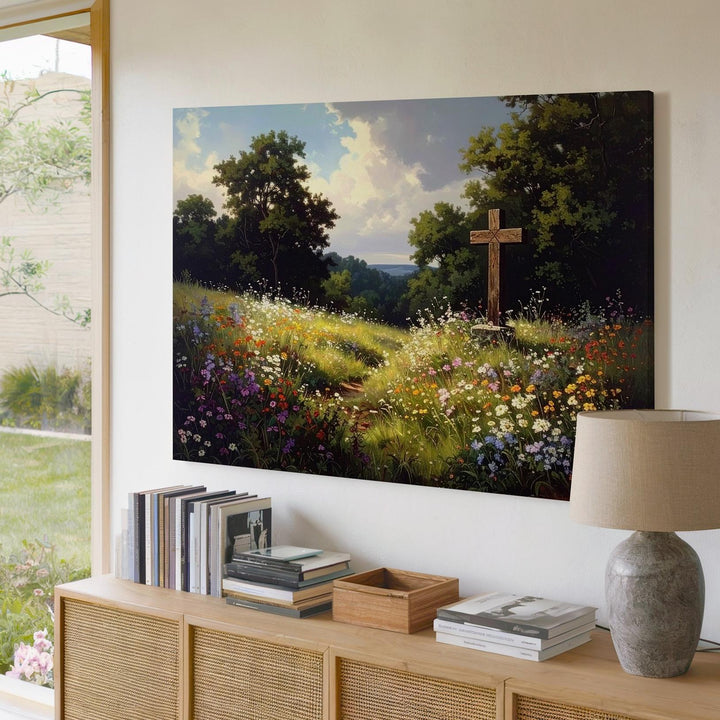 Rustic Cross in Wildflower Field Canvas – Nature-Inspired Faith Wall Art - Gifitto