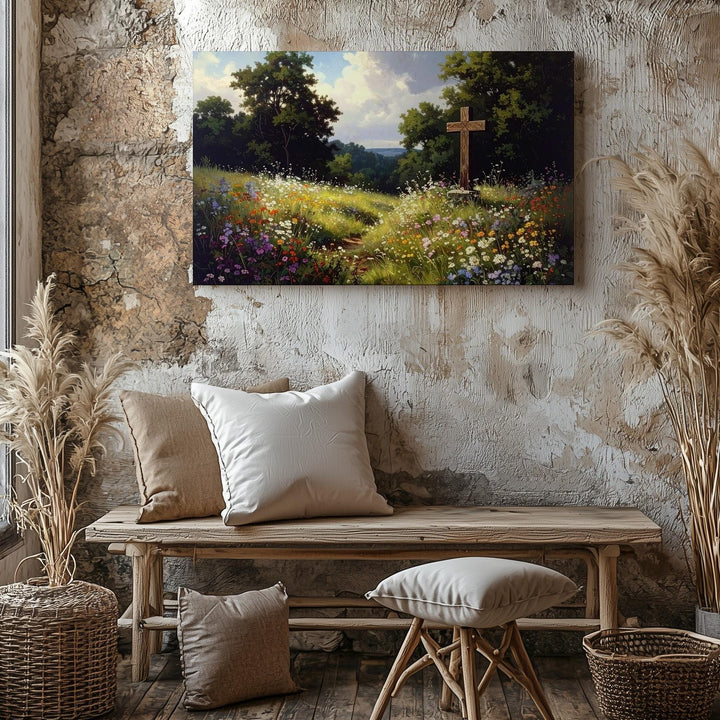 Rustic Cross in Wildflower Field Canvas – Nature-Inspired Faith Wall Art - Gifitto