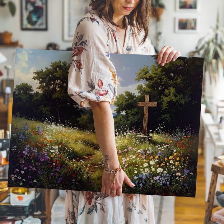 Rustic Cross in Wildflower Field Canvas – Nature-Inspired Faith Wall Art - Gifitto
