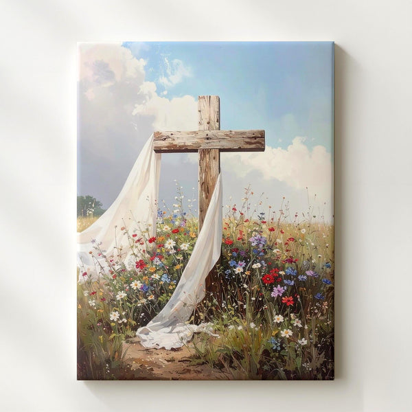 Rustic Cross in Wildflower Field Canvas – Symbol of Resurrection and Hope - Gifitto