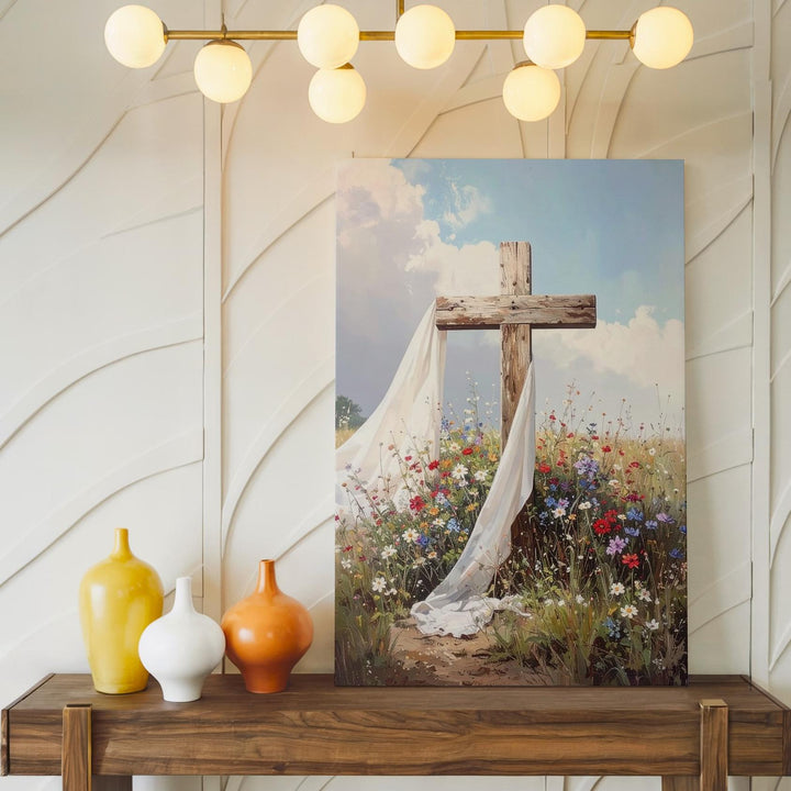 Rustic Cross in Wildflower Field Canvas – Symbol of Resurrection and Hope - Gifitto