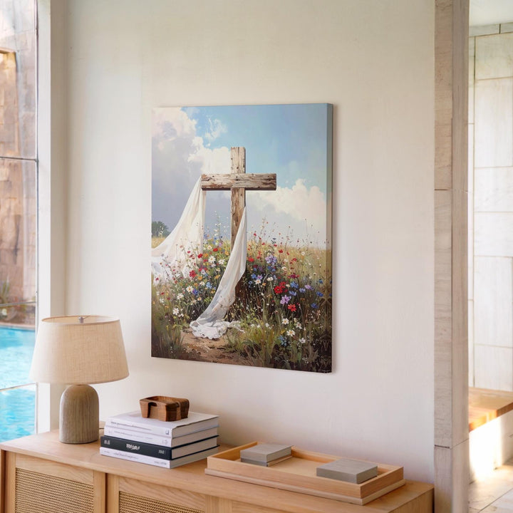 Rustic Cross in Wildflower Field Canvas – Symbol of Resurrection and Hope - Gifitto