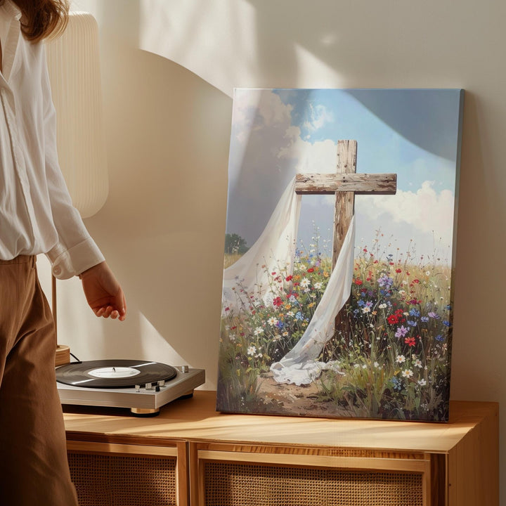 Rustic Cross in Wildflower Field Canvas – Symbol of Resurrection and Hope - Gifitto