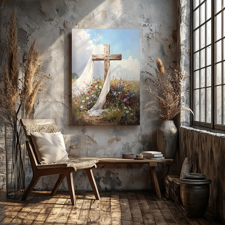 Rustic Cross in Wildflower Field Canvas – Symbol of Resurrection and Hope - Gifitto