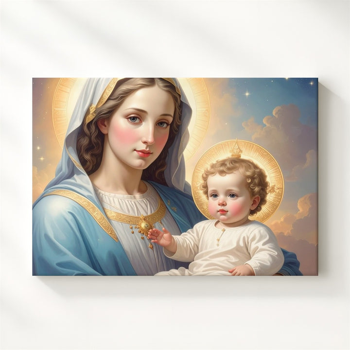 Virgin Mary & Child Jesus – Classical Sacred Portrait with Golden Halos - Gifitto