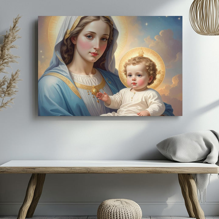 Virgin Mary & Child Jesus – Classical Sacred Portrait with Golden Halos - Gifitto
