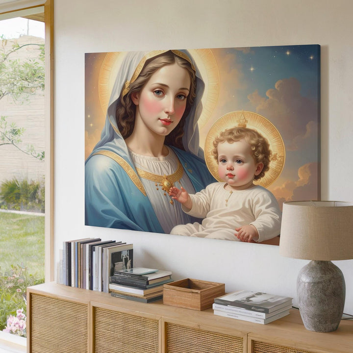 Virgin Mary & Child Jesus – Classical Sacred Portrait with Golden Halos - Gifitto