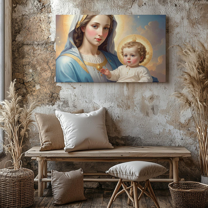 Virgin Mary & Child Jesus – Classical Sacred Portrait with Golden Halos - Gifitto