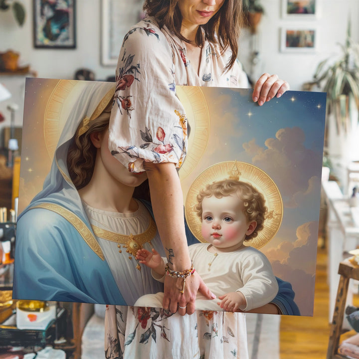 Virgin Mary & Child Jesus – Classical Sacred Portrait with Golden Halos - Gifitto