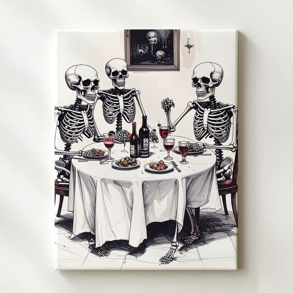Minimalist Skeleton Dinner Canvas – Ink Sketch Halloween Wall Art - Gifitto