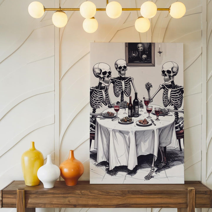 Minimalist Skeleton Dinner Canvas – Ink Sketch Halloween Wall Art - Gifitto