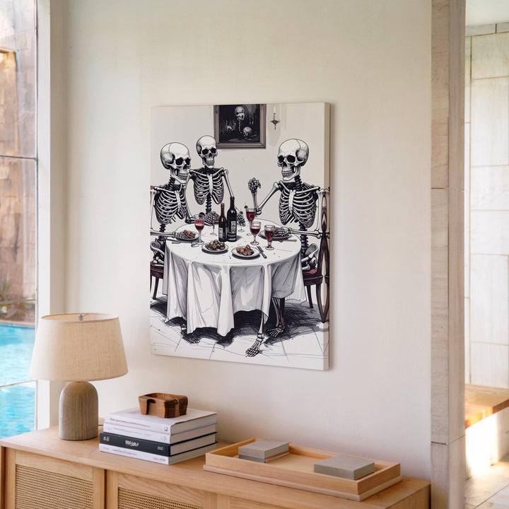 Minimalist Skeleton Dinner Canvas – Ink Sketch Halloween Wall Art - Gifitto