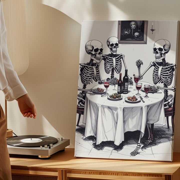 Minimalist Skeleton Dinner Canvas – Ink Sketch Halloween Wall Art - Gifitto