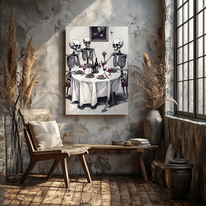 Minimalist Skeleton Dinner Canvas – Ink Sketch Halloween Wall Art - Gifitto