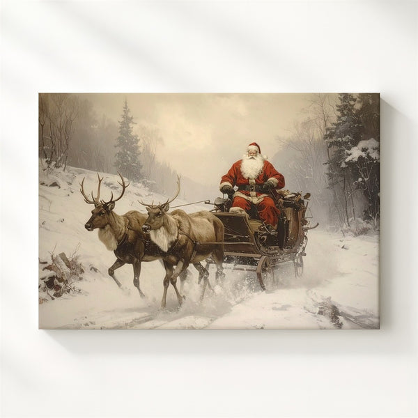 Vintage Santa Sleigh Ride Canvas – Rustic Christmas Eve Journey Art - Gifitto